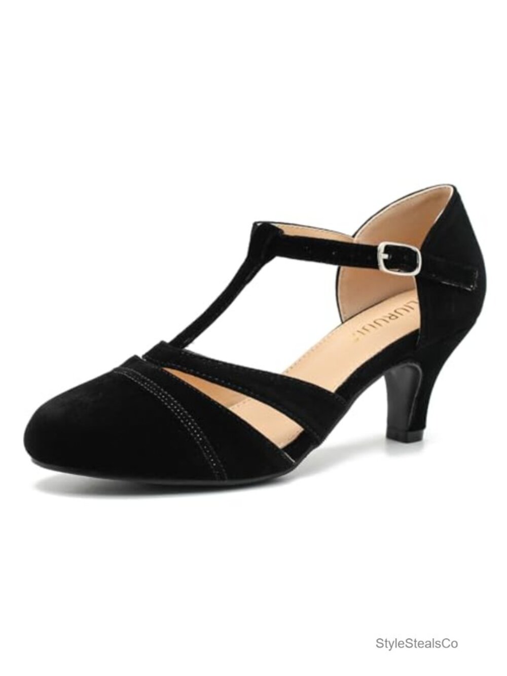 Vintage T-Strap Mary Jane Pumps Velvet Kitten Heel Dress Shoes